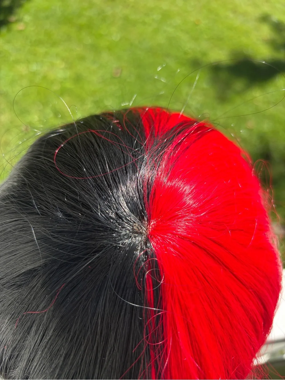 Split half red & half black synthetic angled straight bob wig with bangs
